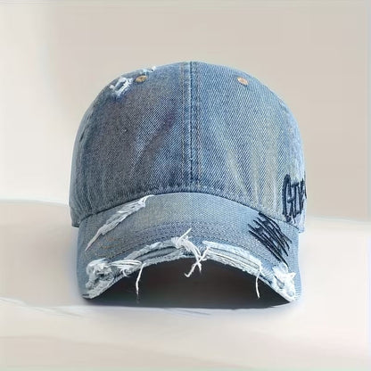 Vintage Distressed Denim Baseball Cap – “Never Give Up!
