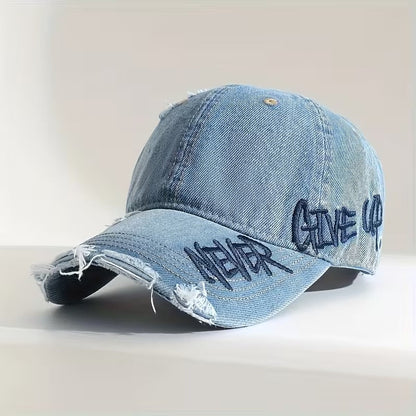 Vintage Distressed Denim Baseball Cap – “Never Give Up!