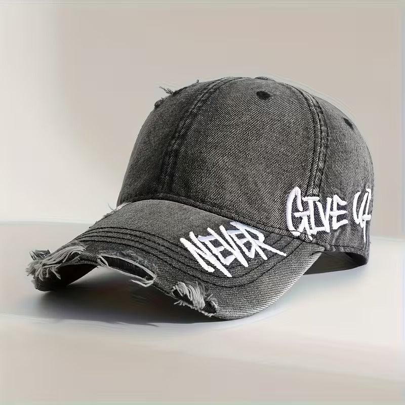 Vintage Distressed Denim Baseball Cap – “Never Give Up!